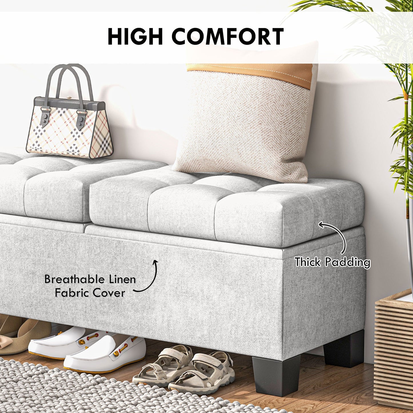 HOMCOM 46" Storage Ottoman Bench, Upholstered End of Bed Bench with Steel Frame, Button Tufted Storage Bench with Safety Hinges for Living Room, Entryway, Bedroom, Cream