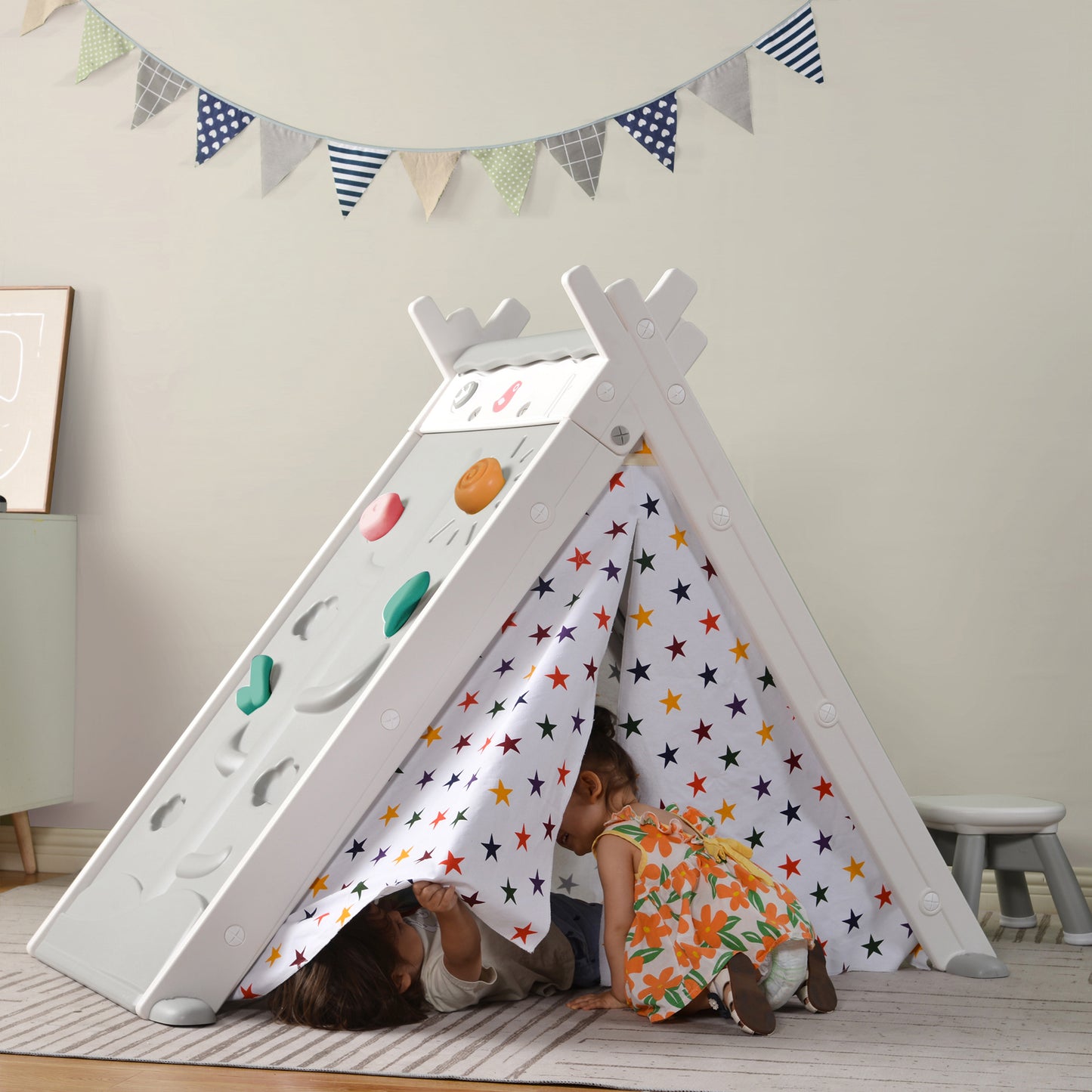 Kids Play Tent - 4 in 1 Teepee Tent with Stool and Climber, Foldable Playhouse Tent for Boys & Girls