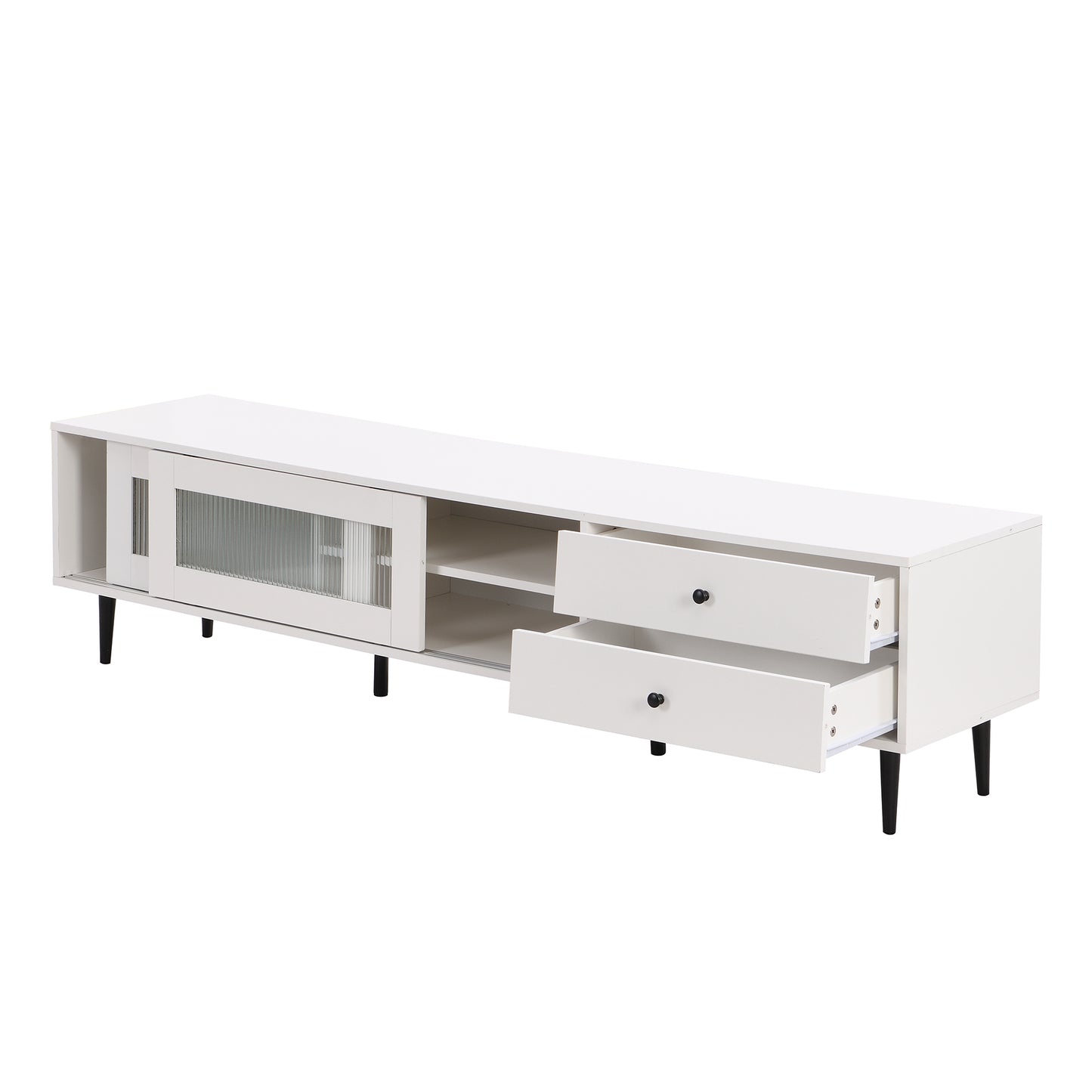 ON-TREND Chic Elegant Design TV Stand with Sliding Fluted Glass Doors, Slanted Drawers Media Console for TVs Up to 75", Modern TV Cabinet with Ample Storage Space, White