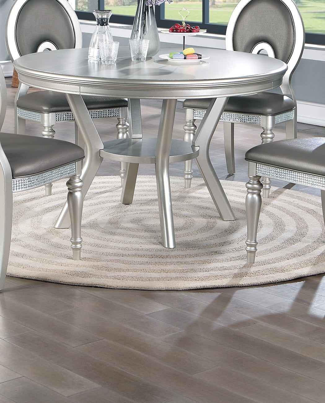 Formal Traditional Dining Table Round Table Silver Hue 5pc Dining Table w Shelf 4x Side Chairs Cut out Back Design Chairs Dining Room Furniture