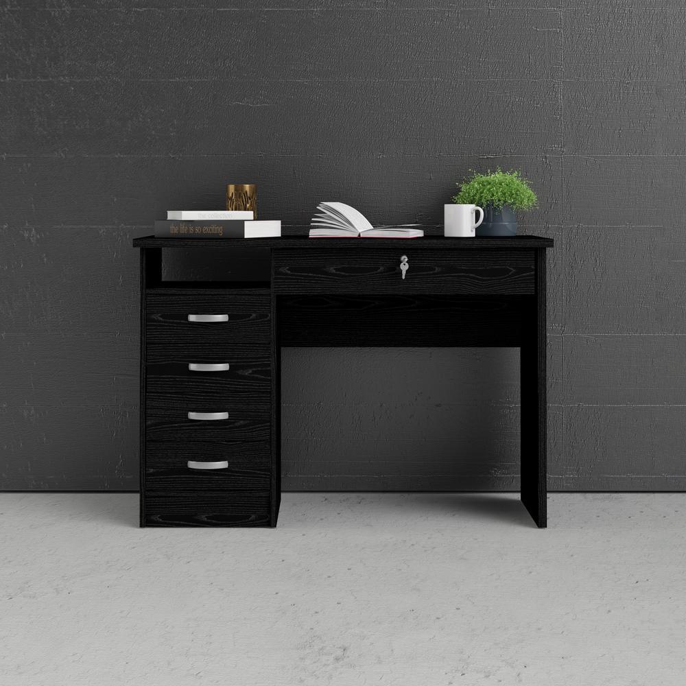 Modern Walden Desk with 5 Drawers for Living Room or Home Office, Black Woodgrain