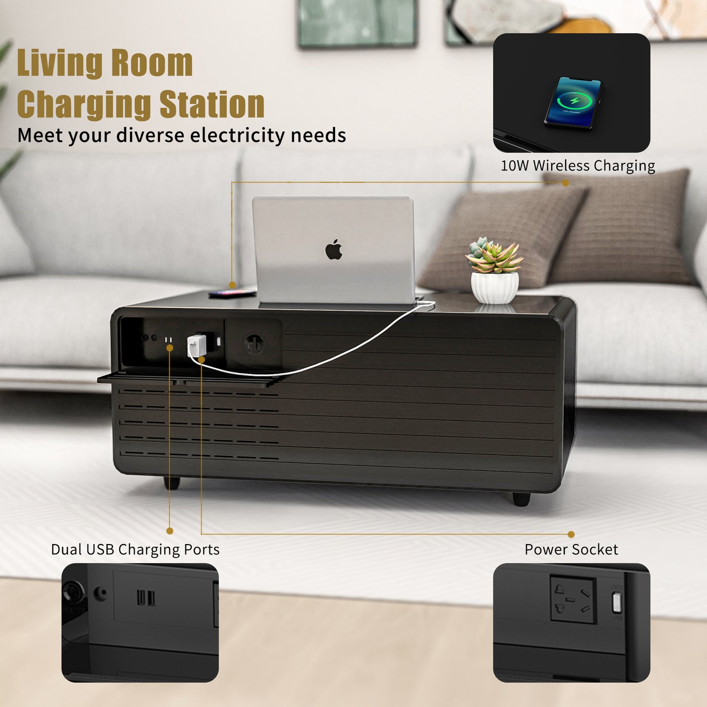 Modern Smart Coffee Table with Built-in Fridge, Wireless Charging, Power Socket, USB Interface, Outlet Protection, Mechanical Temperature Control and Ice Water Interface, Black