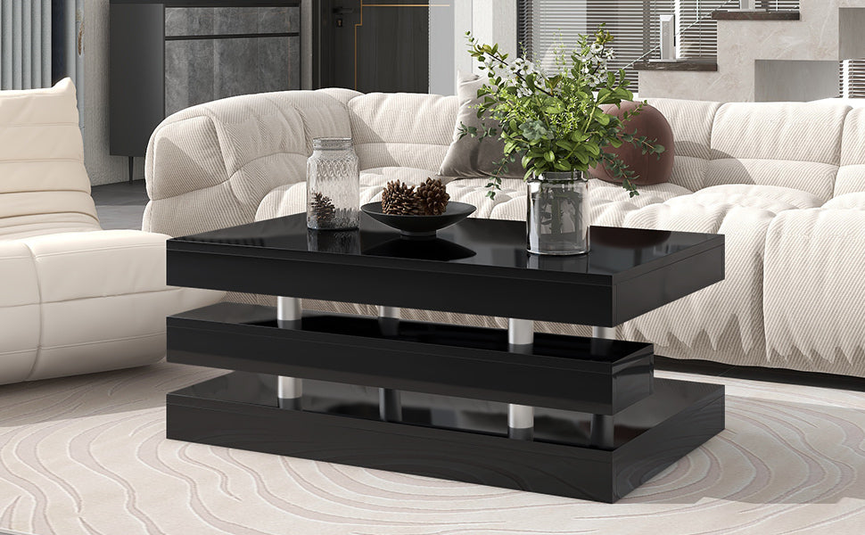 ON-TREND Modern 2-Tier Coffee Table with Silver Metal Legs, Rectangle Cocktail Table with High-gloss UV Surface, Minimalist Design Center Table for Living Room, Black