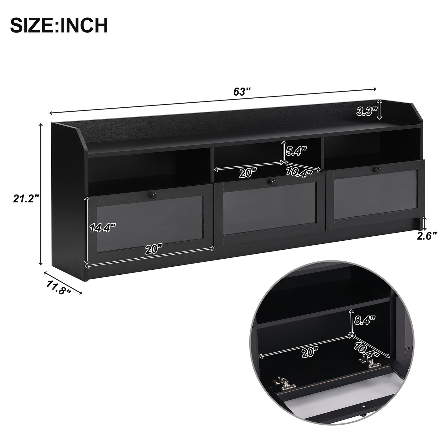 ON-TREND Sleek & Modern Design TV Stand with Acrylic Board Door, Chic Elegant Media Console for TVs Up to 65", Ample Storage Space TV Cabinet with Black Handles, Black