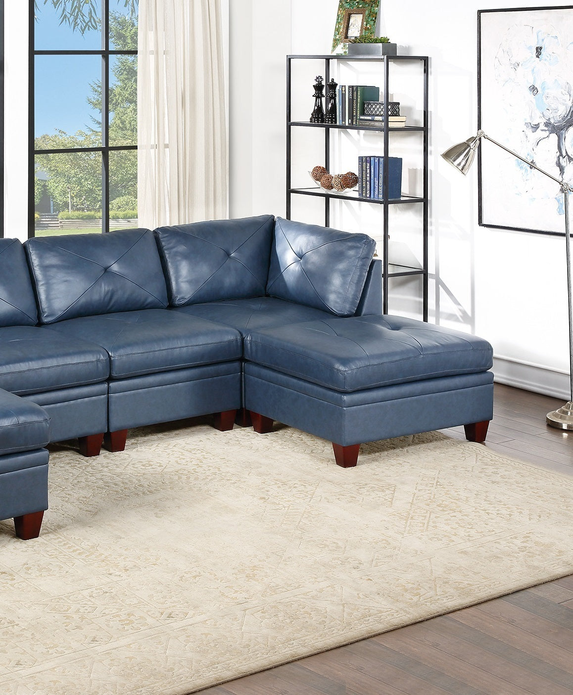 Genuine Leather Ink Blue Tufted 6pc Sectional Set 2x Corner Wedge 2x Armless Chair 2x Ottomans Living Room Furniture Sofa Couch