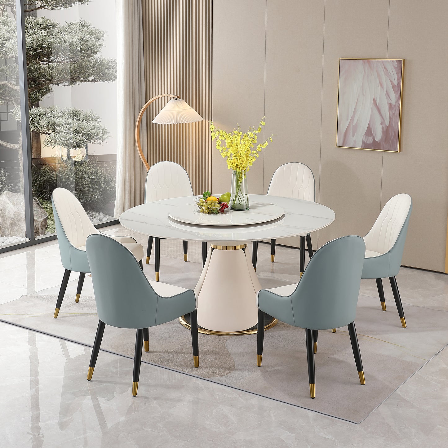 59.05"Modern Sintered stone dining table with 31.5" round turntable with wood and metal exquisite pedestal with 8 pcs Chairs .