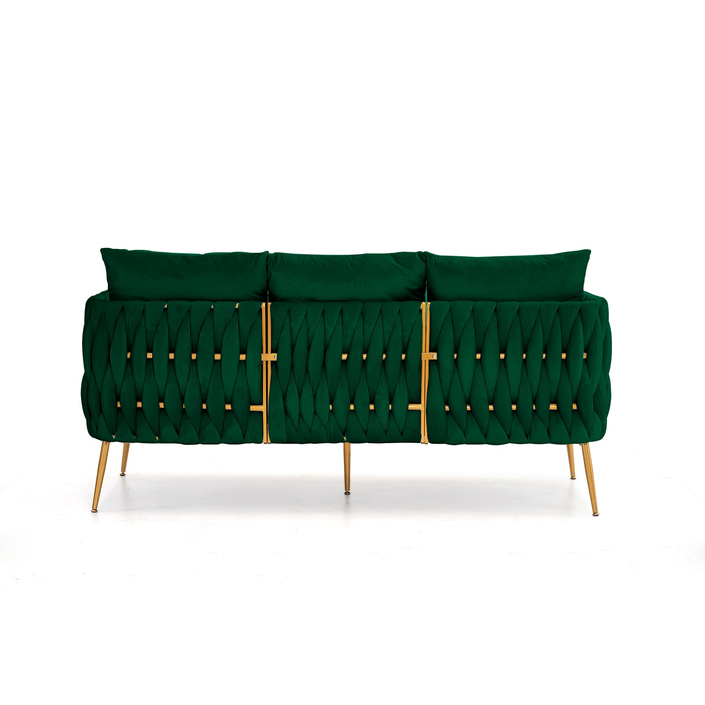 Modern 3-Piece Velvet Upholstered Handmade Woven Back Sofa Sets with Sturdy Metal Legs, Including Three Seat Couch Loveseat, and Single Chair for Living Room, Green Velvet