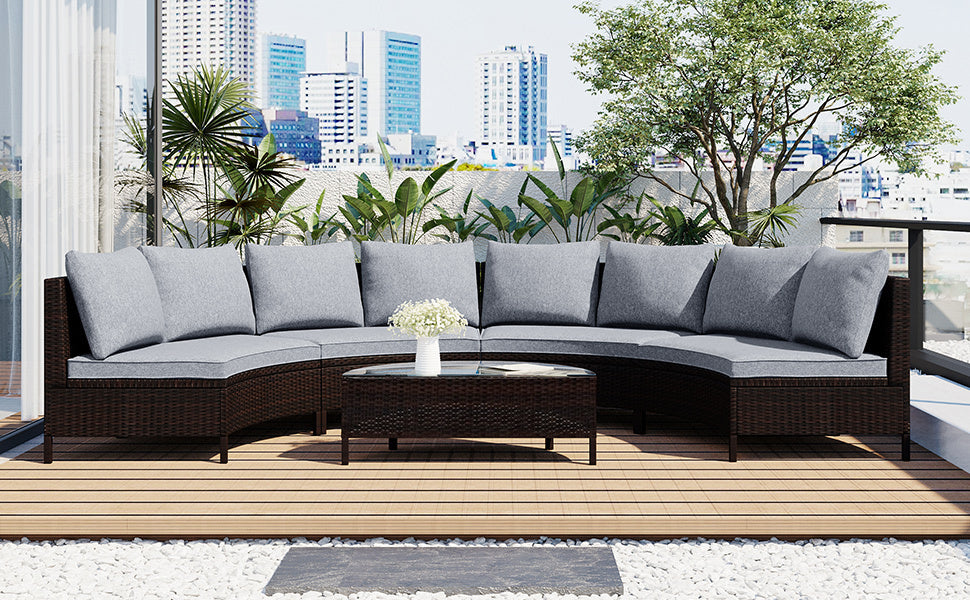 TOPMAX 5 Pieces All-Weather Brown PE Rattan Wicker Sofa Set Outdoor Patio Sectional Furniture Set Half-Moon Sofa Set with Tempered Glass Table, Gray