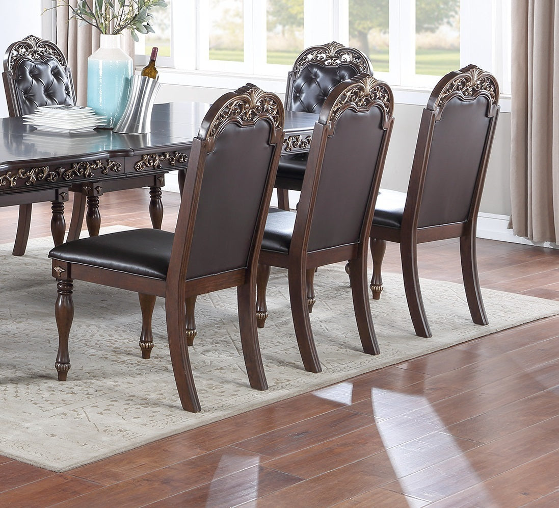 Traditional Brown Finish 9pc Dining Set Table w 2x Arm Chairs 6x Side Chairs Rubber wood Intricate Design Tufted back Cushion Seat Dining Room Furniture