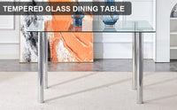 Modern minimalist glass dining table. A transparent tempered glass desktop with a thickness of 0.3 feet and silver metal legs. Suitable for restaurants and living rooms.   51"*31.4"*29.5"