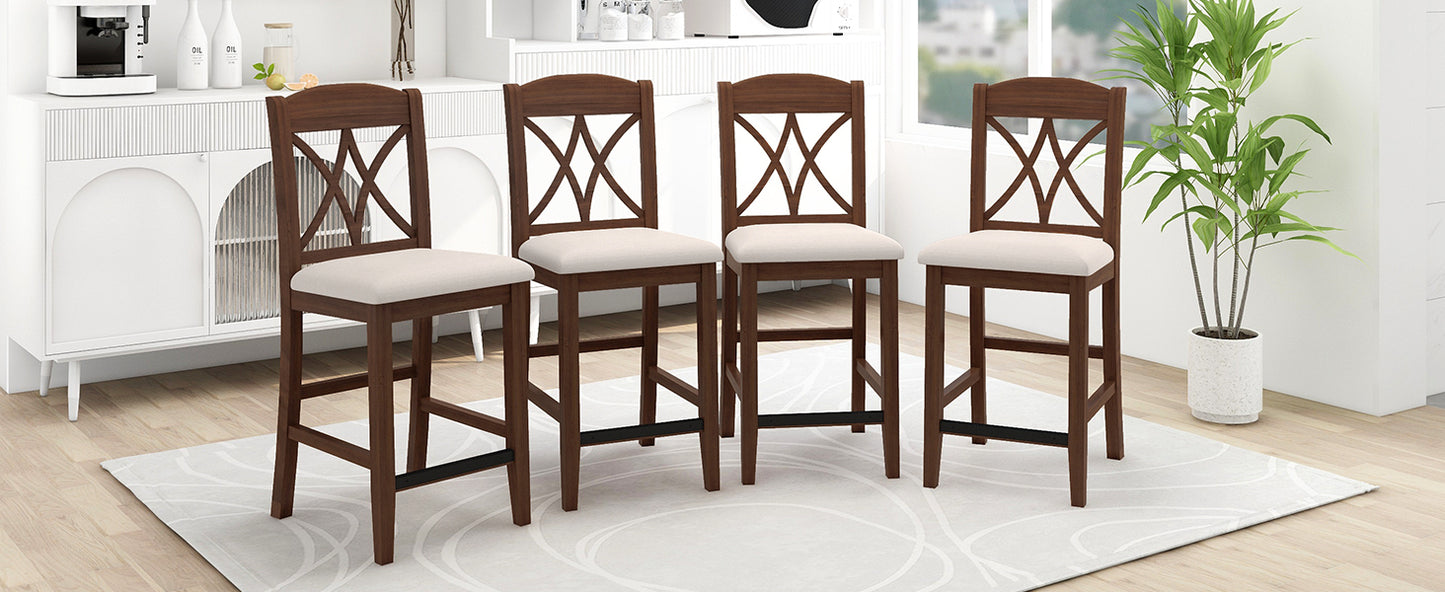 TOPMAX Casual Counter Height Wood Upholstered Dining Chairs with Cross Backs, Set of 4, Walnut+Beige