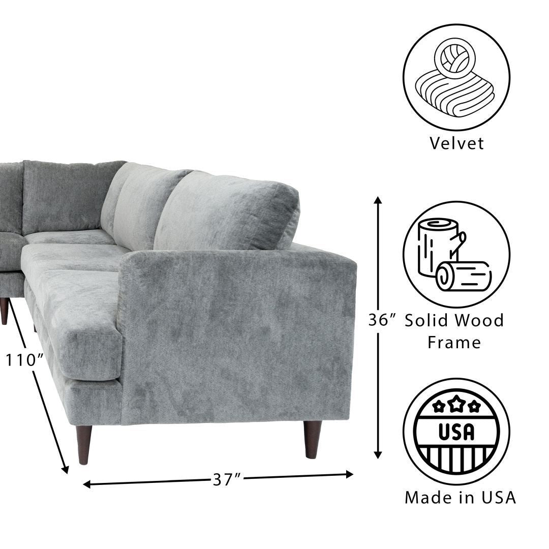 L Shaped Sectional Sofas for Living Room, Modern Sectional Couches for Bedrooms, Apartment with Solid Wood Frame (Velvet, Silver)