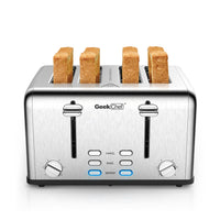 Toaster 4 Slice, Geek Chef Stainless Steel Extra-Wide Slot Toaster with Dual Control Panels of Bagel/Defrost/Cancel Function, 6 Toasting Bread Shade Settings, Removable Crumb Trays Ban on Amazon