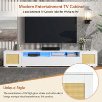 ON-TREND Rattan Style Entertainment Center with Push to Open Doors, 3-pics Extended TV Console Table for TVs Up to 90'', Modern TV Stand with Color Changing LED Lights for  Home Theatre, White