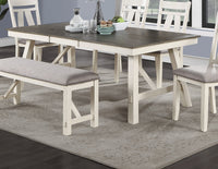 Dining Room Furniture 6pc Dining Set Table w Leaf And 4x Side Chairs 1x Bench Gray Fabric Cushion Seat White Clean Lines Wooden Table Top