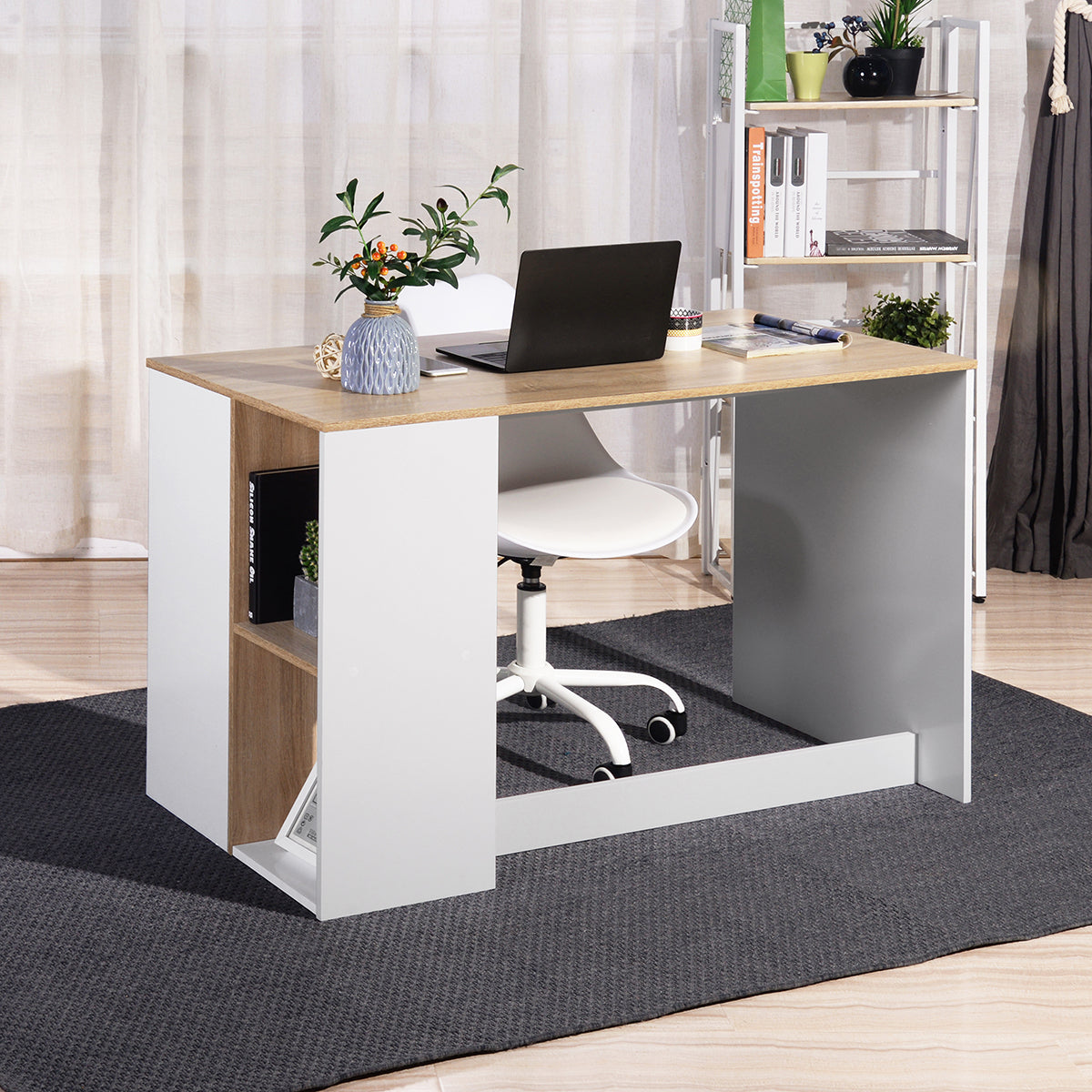 47.2" Computer Desk with 5 Storage Shelves, Modern Study Writing Desk for Small Spaces Gaming Desk, Multipurpose Student Learning Table Workstation for Home Office, Easy Assembly (Oak White)