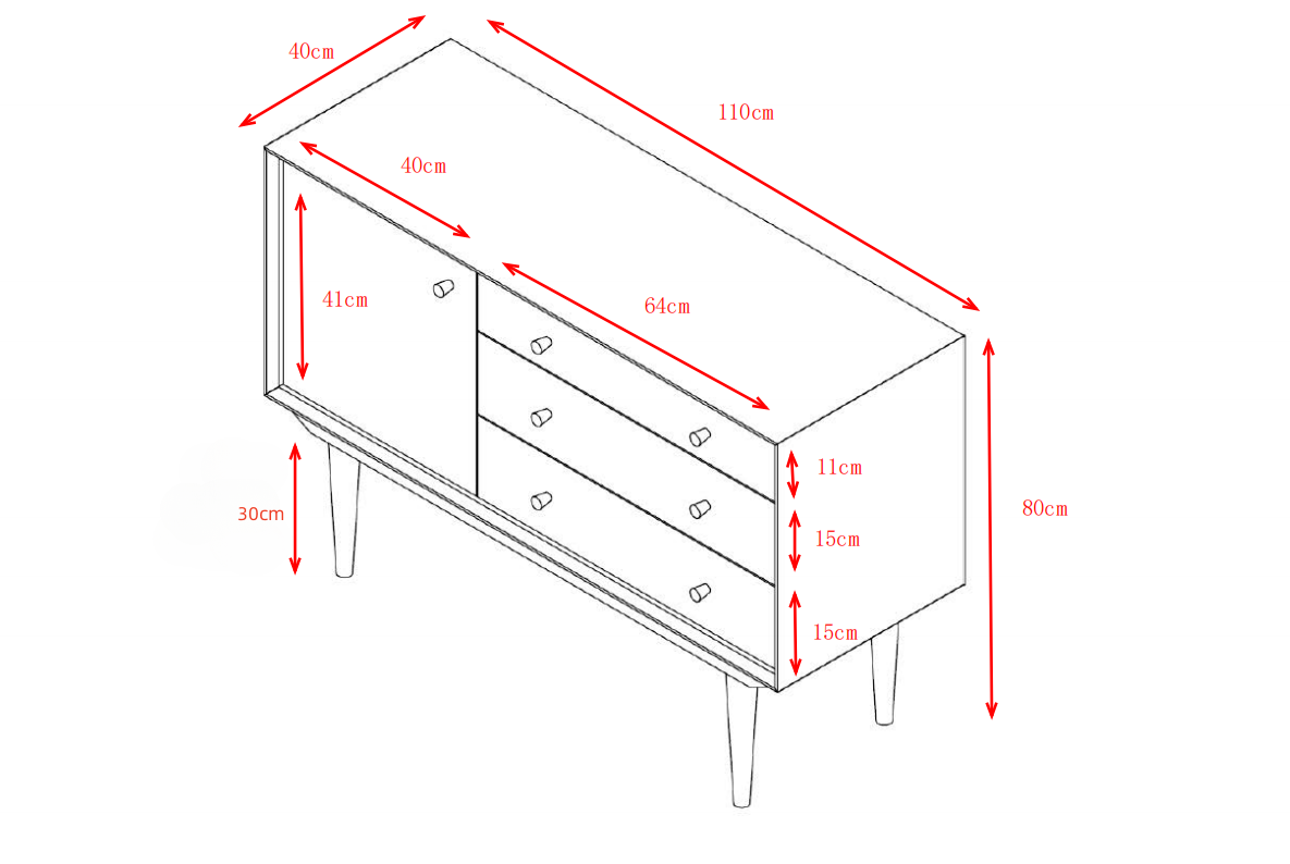 Modern Buffet Cabinet Sideboard with Walnut Finish, Solid Wood Legs - 43.3 Inch Stylish Design, One Door, Three Drawers, Smooth Metal Rails