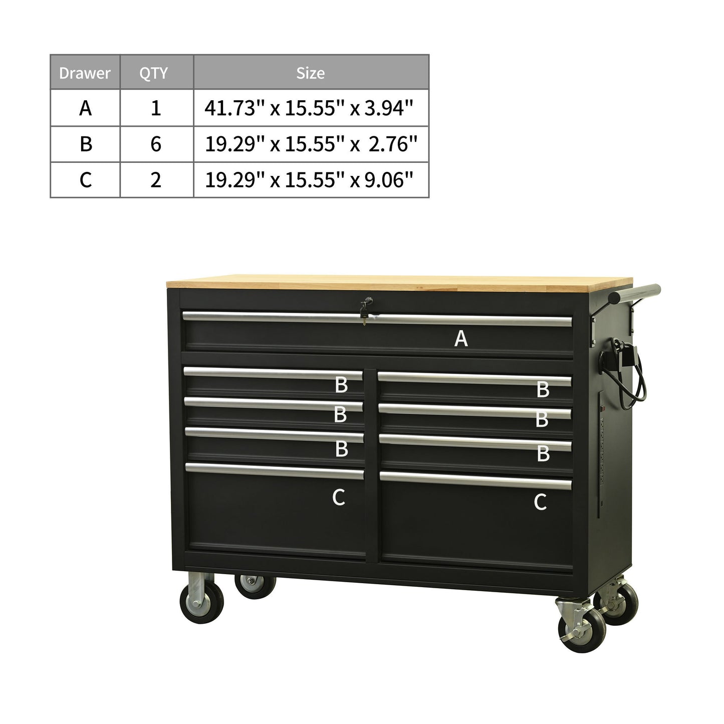 Premium 46-Inch Rolling Tool Chest with Wooden Top and 9 Drawers - 1500 lbs Load Capacity, Casters, Handle, Power Strip, Locking System - Perfect Mobile Storage Cabinet for Your Tools and Equipment.