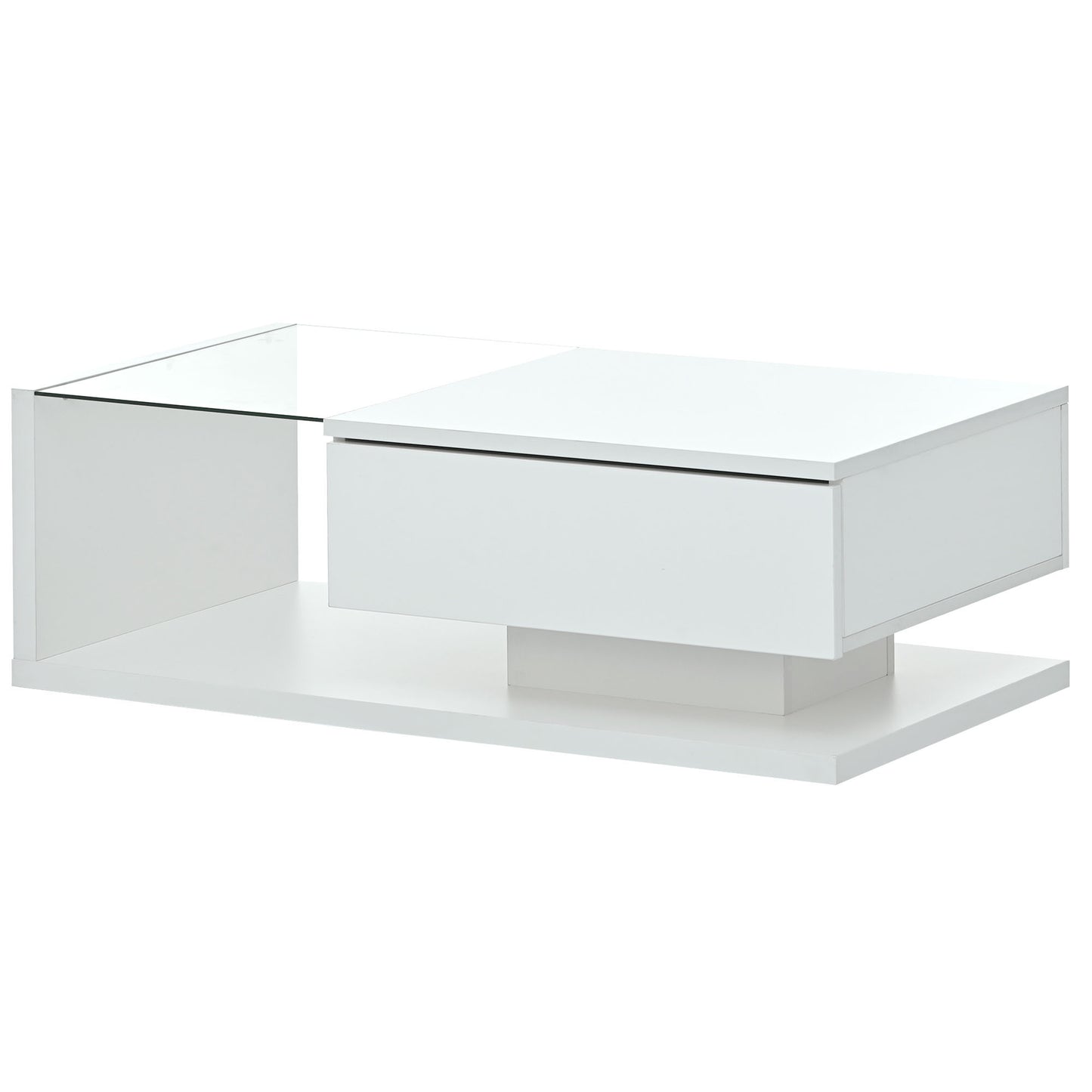 ON-TREND Modern Coffee Table with Tempered Glass, Wooden Cocktail Table with High-gloss UV Surface, Modernist 2-Tier Rectangle Center Table for Living Room, White