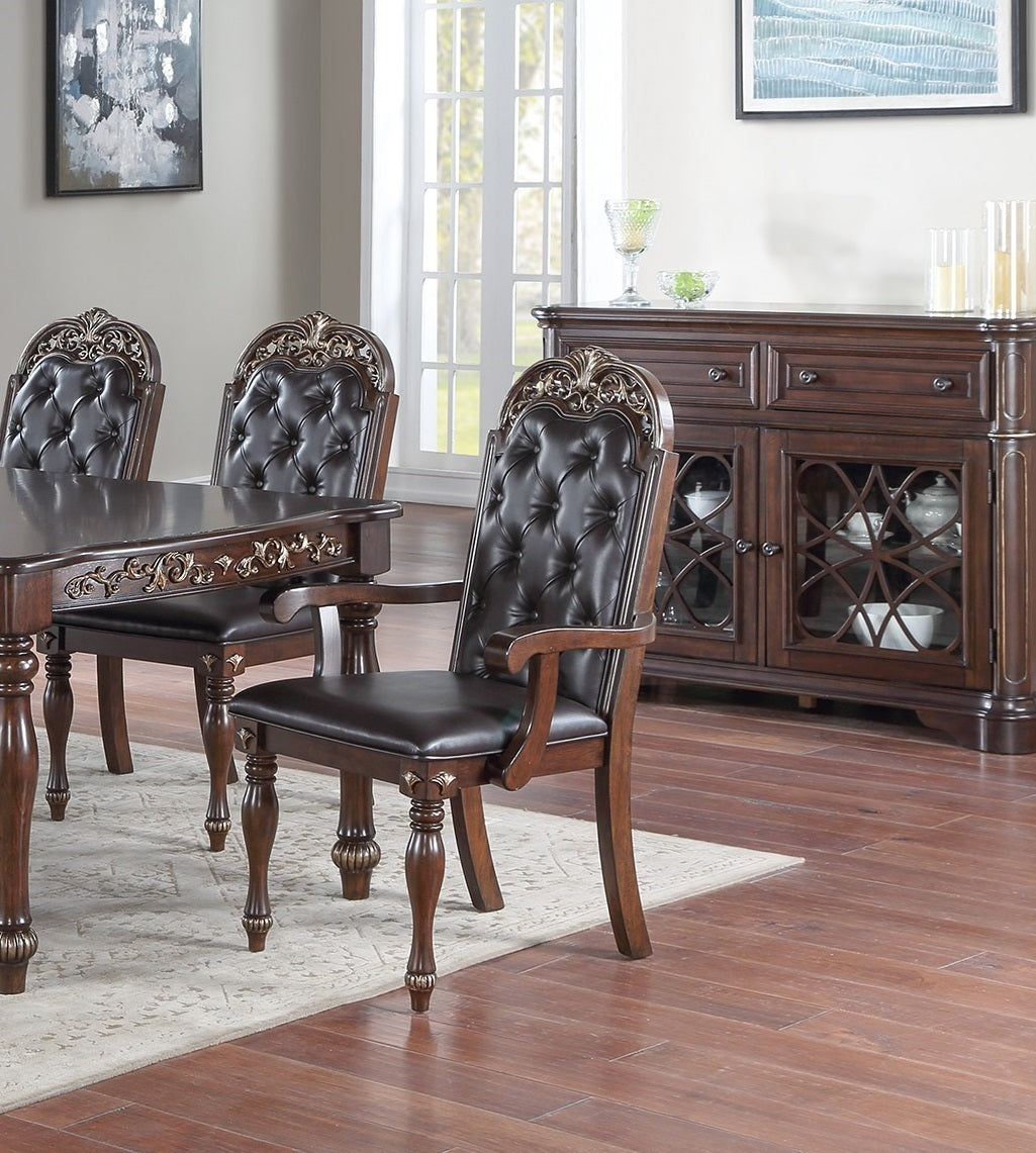 Traditional Brown Finish 9pc Dining Set Table w 2x Arm Chairs 6x Side Chairs Rubber wood Intricate Design Tufted back Cushion Seat Dining Room Furniture