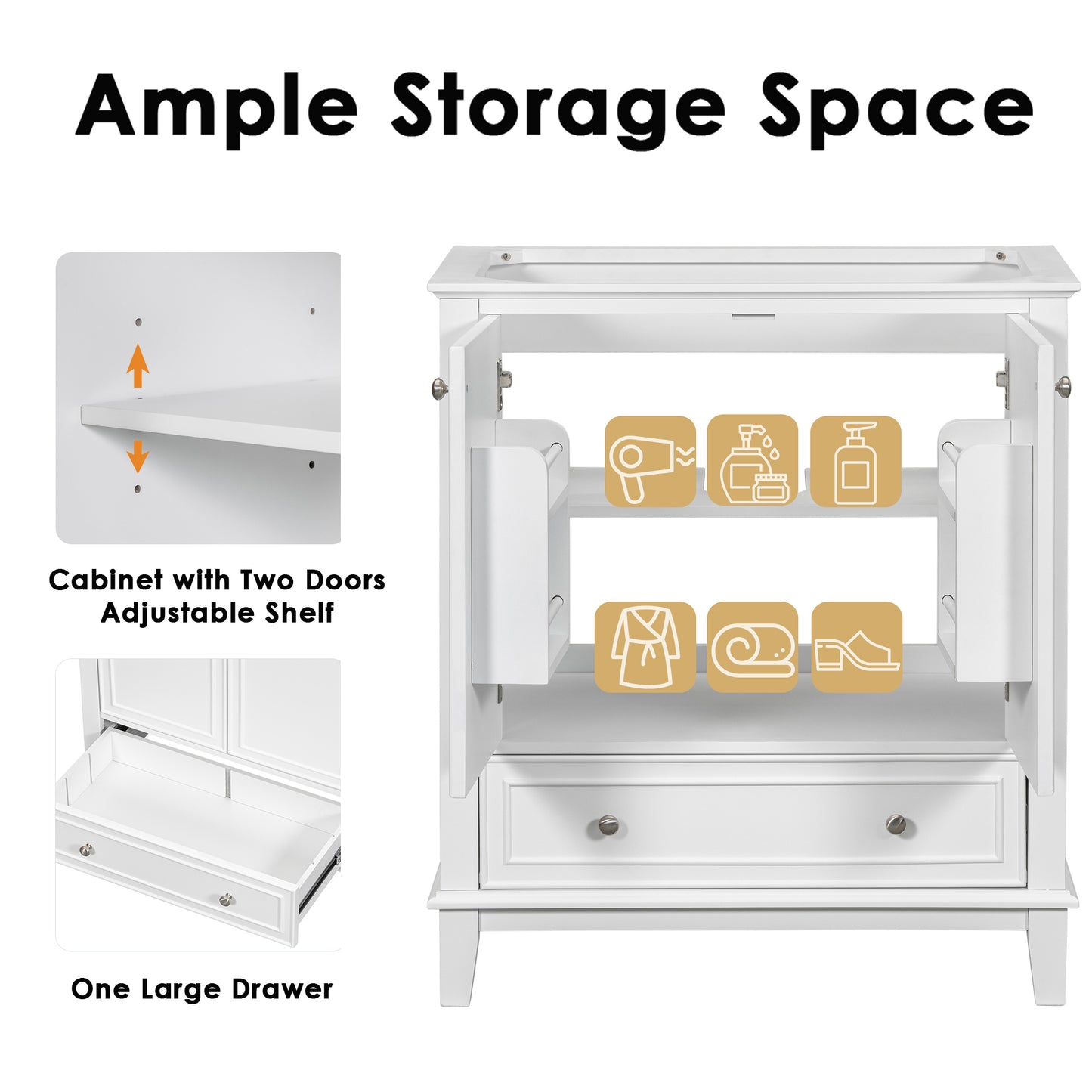 30" Bathroom Vanity without Sink, Base Only, Multi-functional Bathroom Cabinet with Doors and Drawer, Solid Frame and MDF Board, White