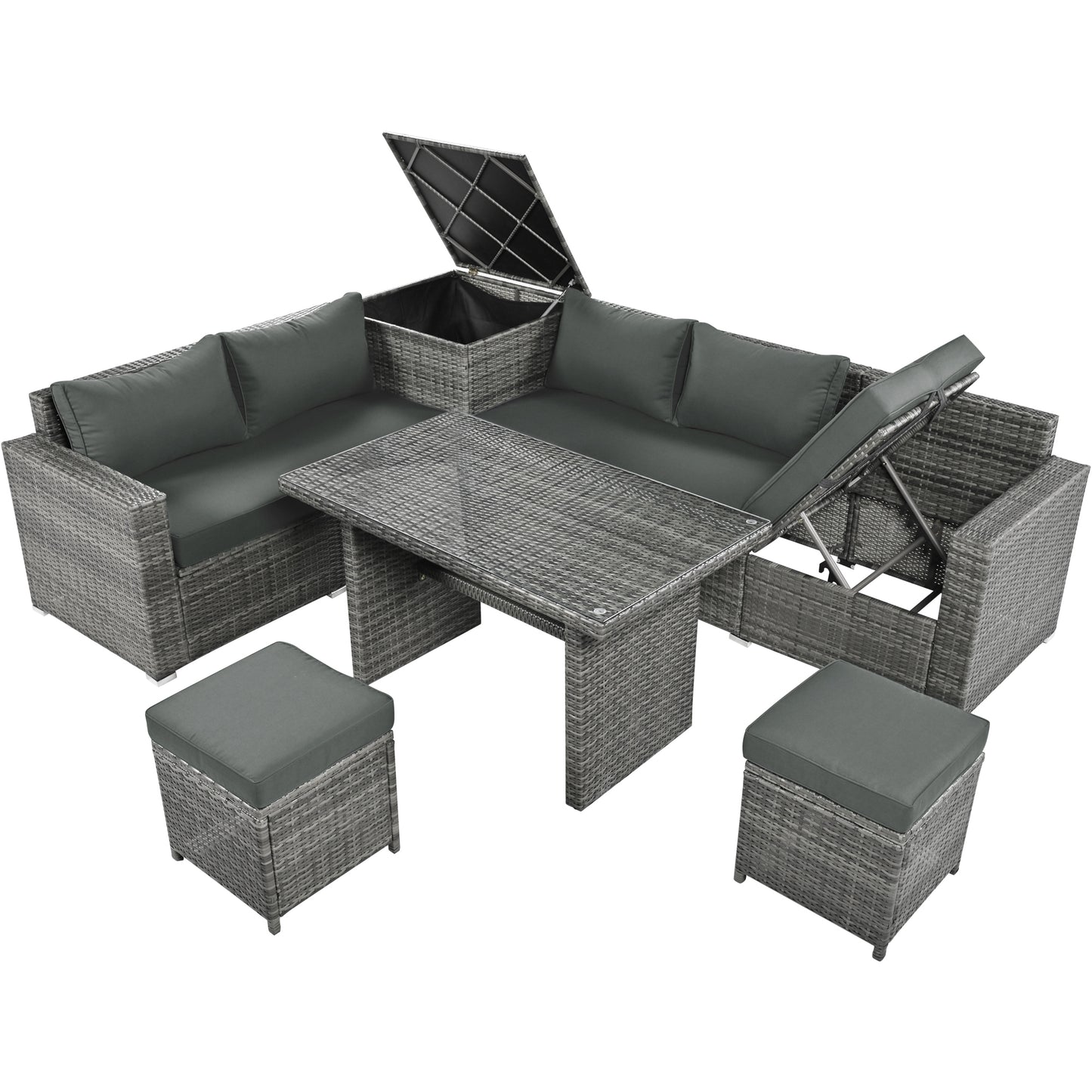 TOPMAX Outdoor 6-Piece All Weather PE Rattan Sofa Set, Garden Patio Wicker Sectional Furniture Set with Adjustable Seat, Storage Box, Removable Covers and Tempered Glass Top Table,Grey