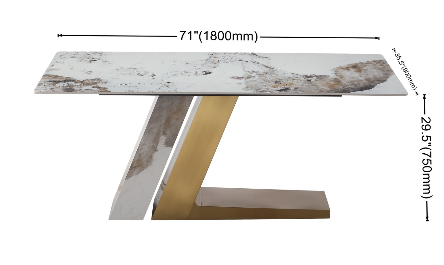 71" Contemporary Dining Table Sintered Stone Z shape Pedestal Base in Gold finish with 6 pcs Chairs .