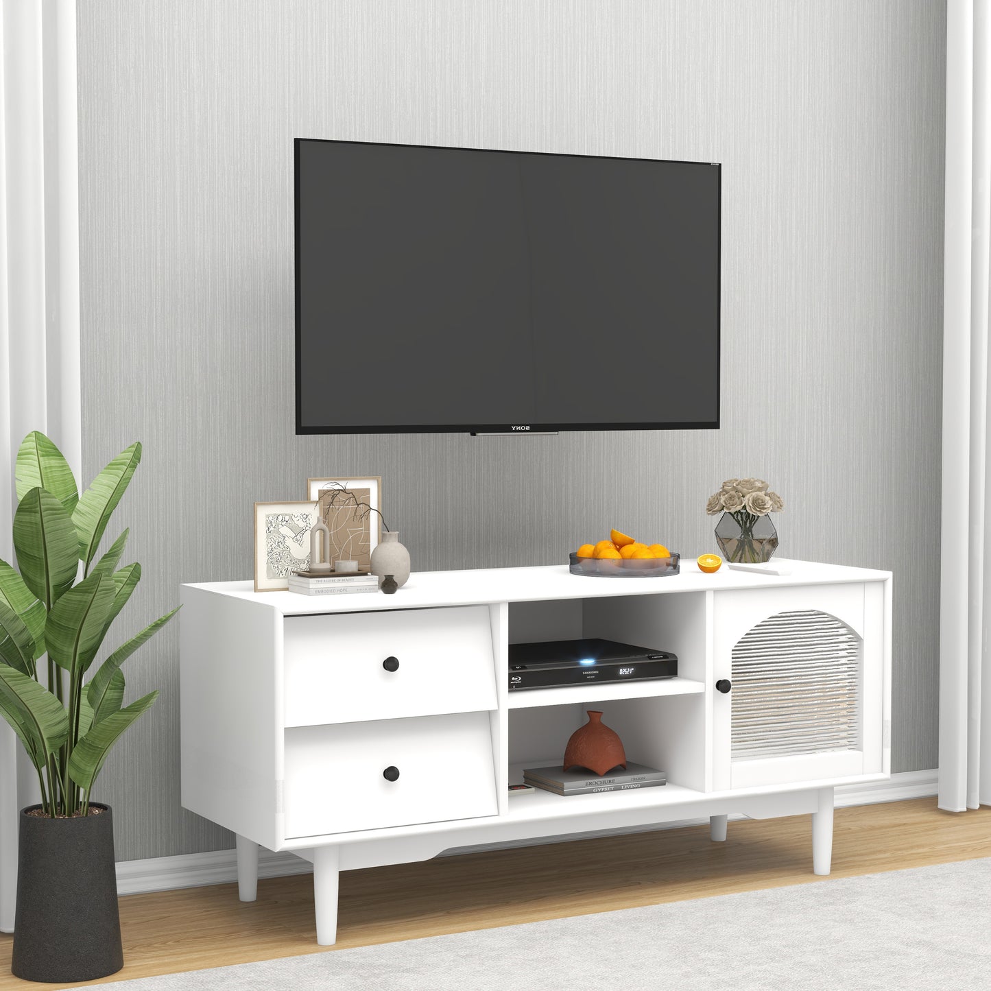 Living Room White TV Stand with Drawers and Open Shelves, A Cabinet with Glass Doors for Storage