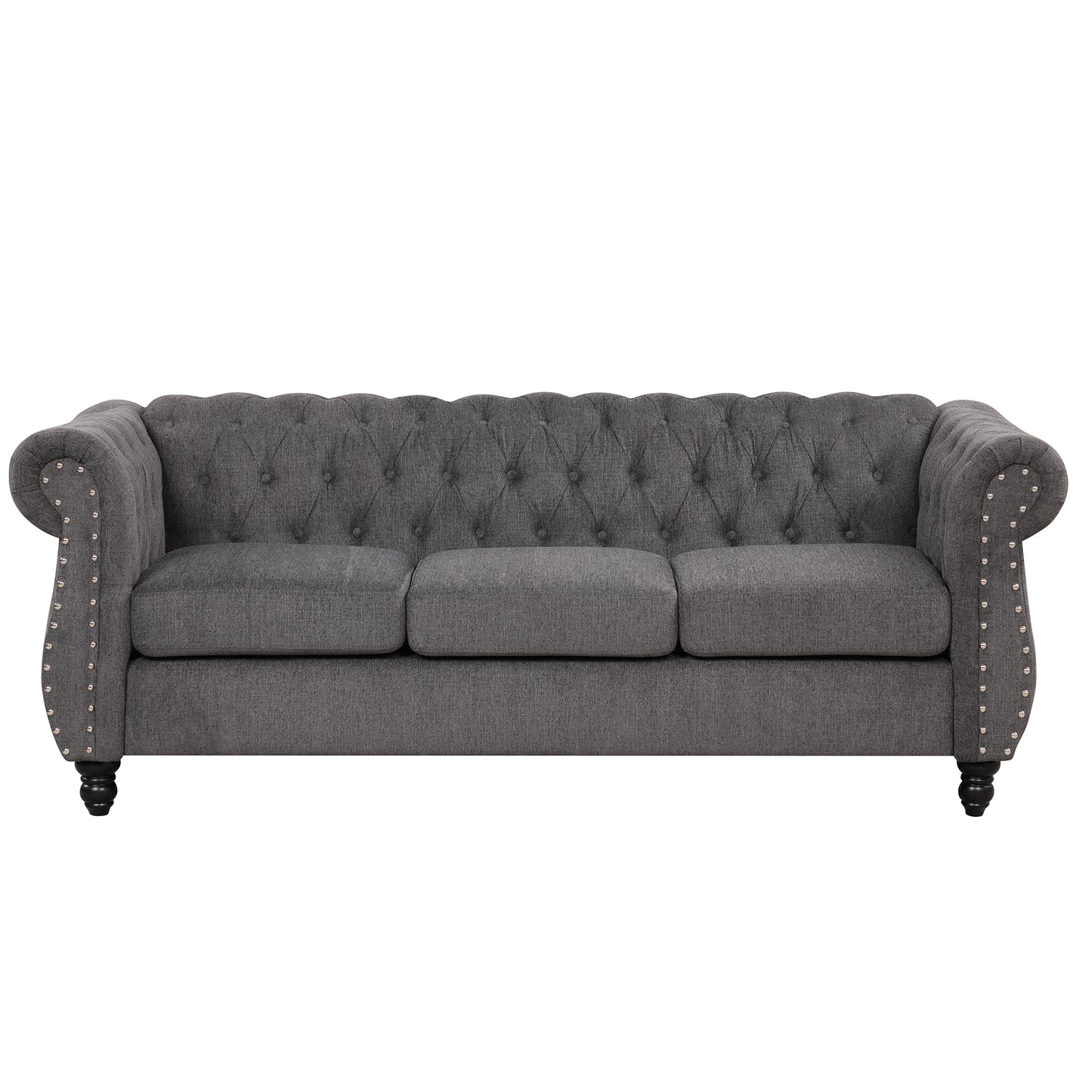 82" modern sofa Dutch plush upholstered sofa, solid wood legs, buttoned tufted backrest, gray