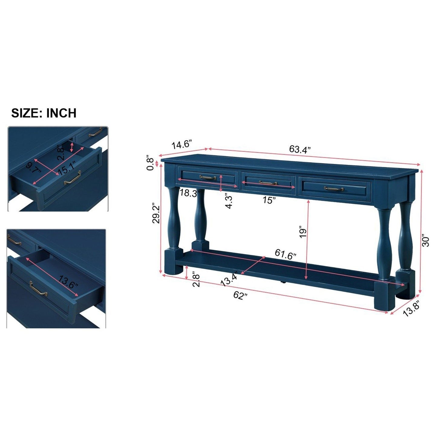 63inch Long Wood Console Table with 3 Drawers and 1 Bottom Shelf for Entryway Hallway Easy Assembly Extra-thick Sofa Table( Navy Blue)