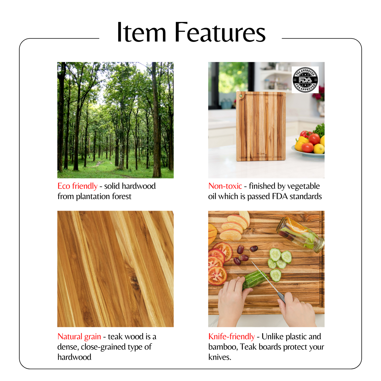 Teak Cutting Board Reversible Chopping Serving Board Multipurpose Food Safe Thick Board, Small Size 14x10x0.6 inches