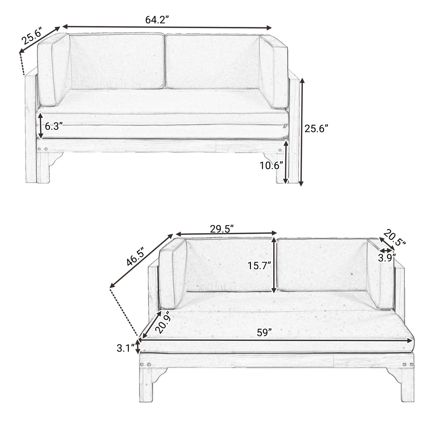 TOPMAX Outdoor Patio Extendable Wooden Sofa Set Sectional Furniture Set with Thick Cushions for Balcony,Backyard, Poolside, Brown Finish+Blue Cushion