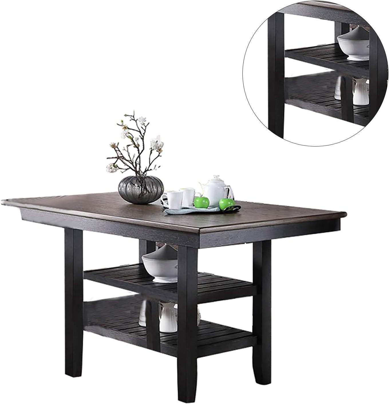 1pc Cunter Height Dining Table Dark Coffee Finish Kitchen Breakfast Dining Room Furniture Table w 2x Storage Shelve Rubber wood