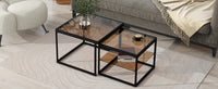 ON-TREND Modern Nested Coffee Table Set with High-low Combination Design, Brown Tempered Glass Cocktail Table with Metal Frame, Length Adjustable 2-Tier Center&End Table for Living Room, Black