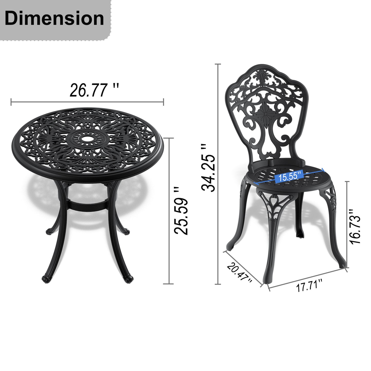 3-Piece Set Of Cast Aluminum Patio Furniture  With Black Frame