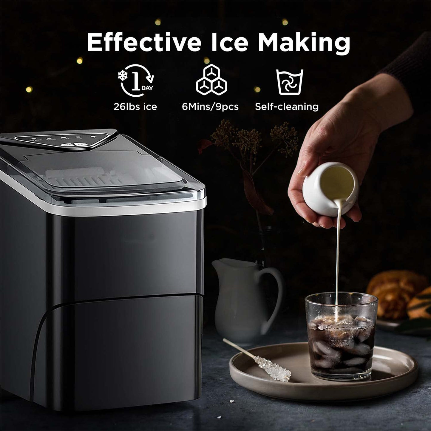 Ice Makers Countertop, 9 Cubes Ready in 6 Mins, 26lbs in 24Hrs, Self-Cleaning Ice Machine with Ice Scoop and Basket, 2 Sizes of Bullet Ice for Home Kitchen Office Bar Party