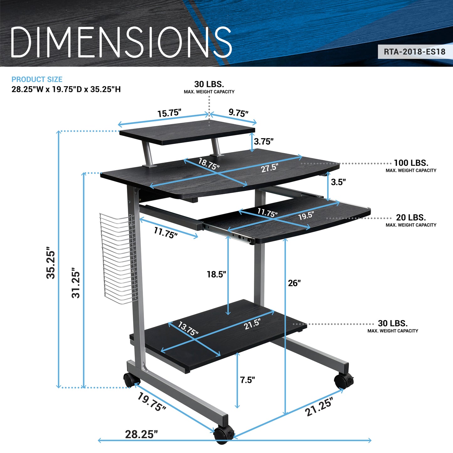 Techni Mobili Compact Computer Cart With Storage, Espresso