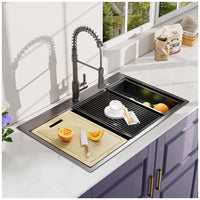 33x22 Inch Gunmetal Black Topmount Double Bowl Workstation Kitchen Sink 18 Gauge Stainless Steel With Black Faucet