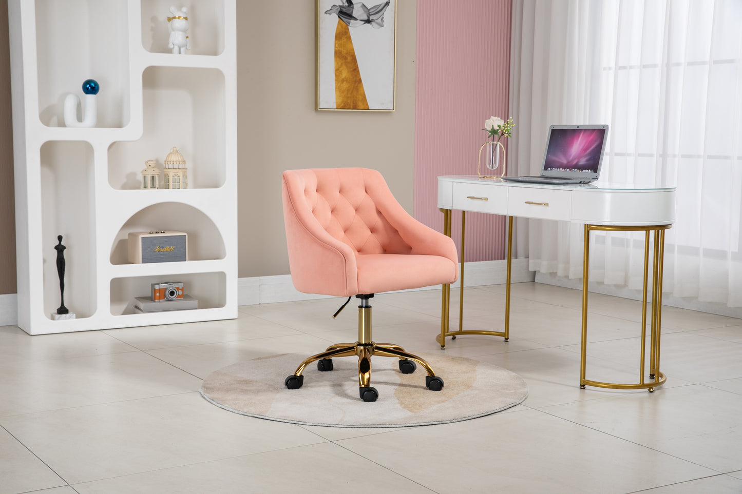 Velvet Fabric Pink Desk Chair for Home Office, Swivel Task Modern Design Chairs Bedroom Girls Women,