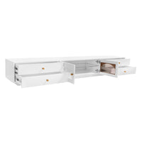 ON-TREND Luxurious TV Stand with Fluted Glass Doors, Elegant and Functional Media Console for TVs Up to 90'', Tempered Glass Shelf TV Cabinet with Multiple Storage Options, White