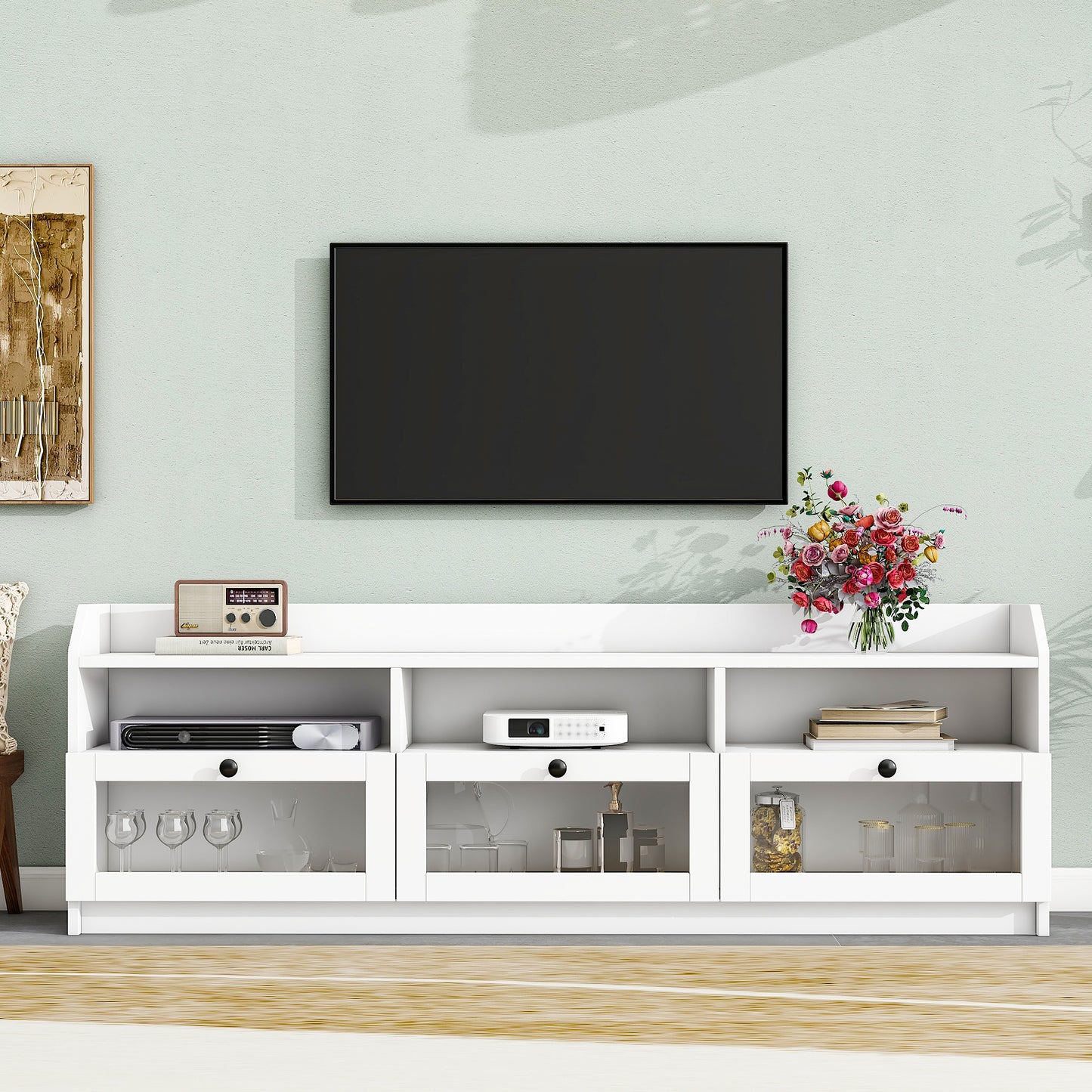 ON-TREND Sleek & Modern Design TV Stand with Acrylic Board Door, Chic Elegant Media Console for TVs Up to 65", Ample Storage Space TV Cabinet with Black Handles, White