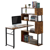 Home Office Computer Desk L-Shaped Corner Table, Rotating Computer Table with 5-Tier Bookshelf, Four Installation Methods, Lockable Casters (Tiger)