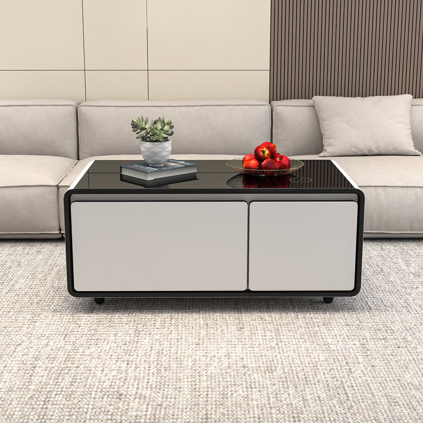 Modern Smart Coffee Table with Built in Fridge, Outlet Protection,Wireless Charging, Mechanical Temperature Control, Power Socket, USB Interface and Ice Water Interface, White