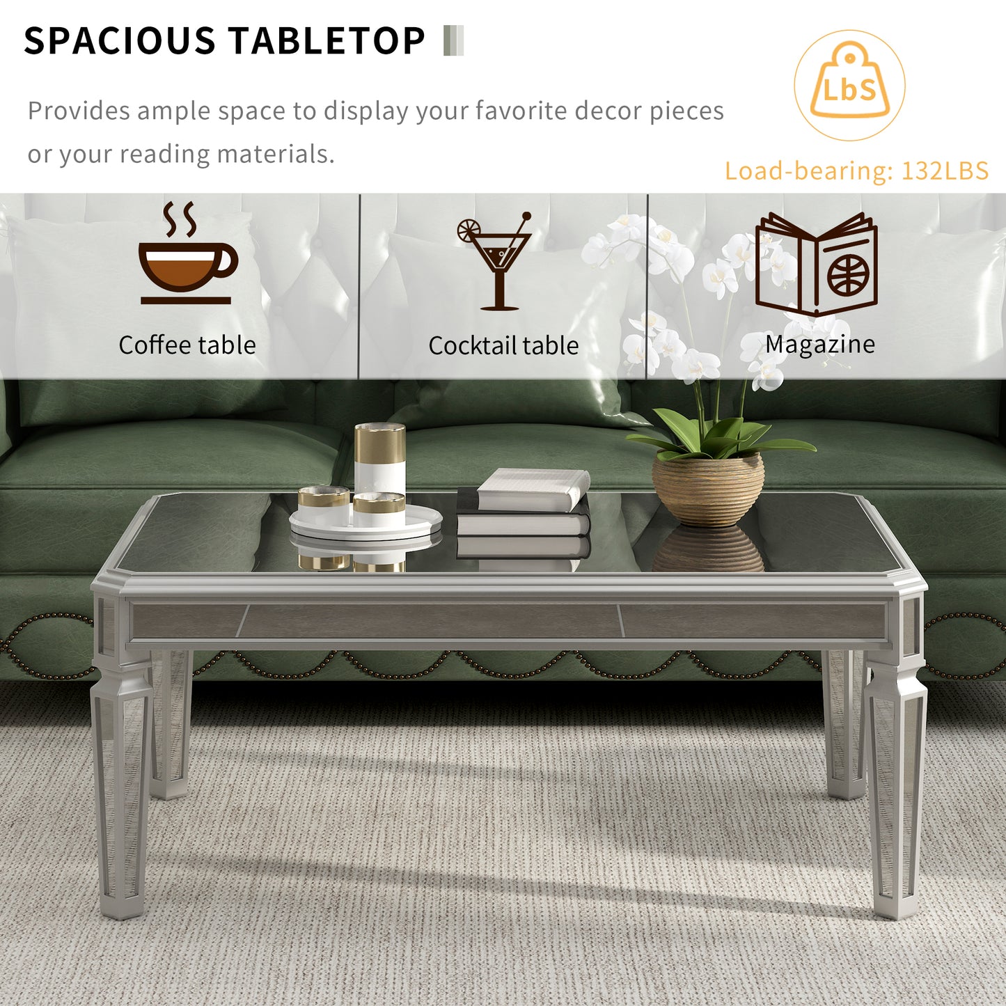 ON-TREND Sleek Glass Mirrored Coffee Table with Adjustable Legs, Easy Assembly Cocktail Table with Sturdy Design, Luxury Contemporary Center Table for Living Room, Silver