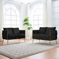 2 Pieces of Loveseat Set Modern Living Room Furniture Set Sofa Couch with Dutch Velvet, Golden Metal Legs And Handmade Woven Back, Black Velvet