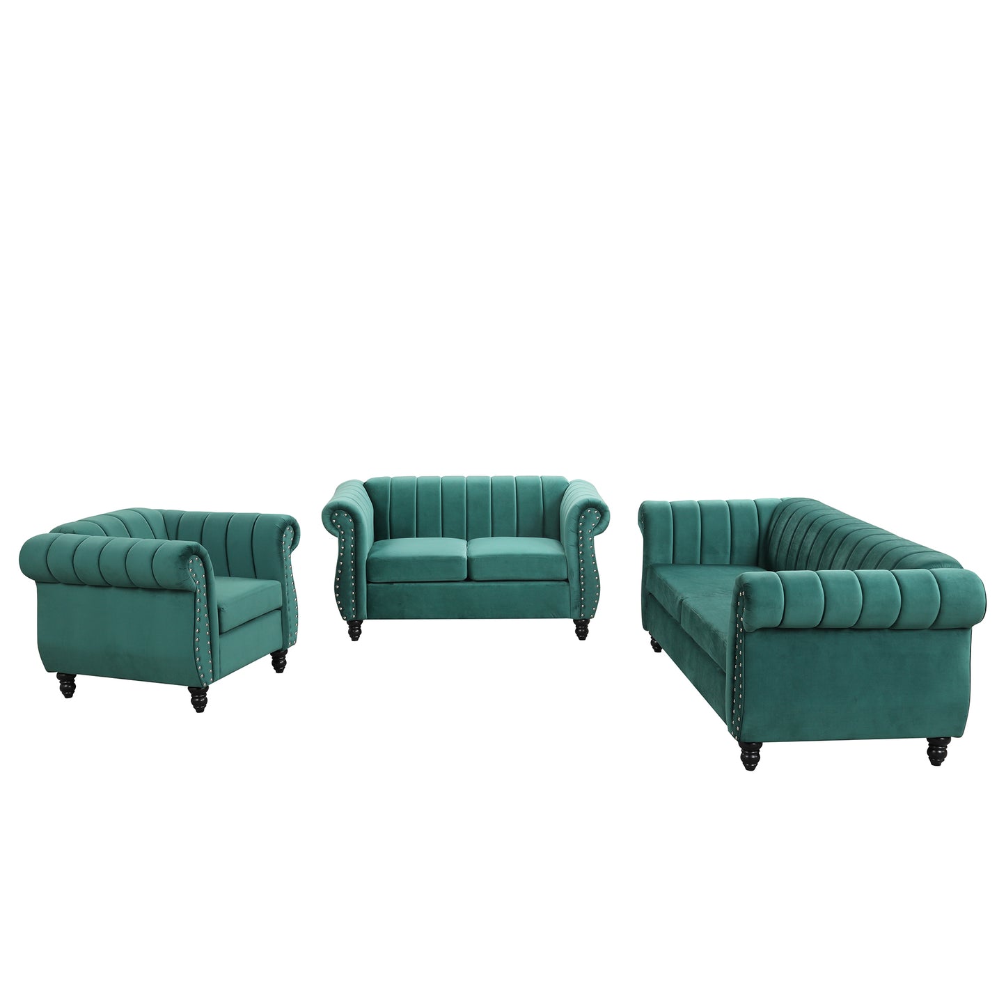 Modern three-piece sofa set with solid wood legs, buttoned tufted backrest, frosted velvet upholstered sofa set including three-seater sofa, double seater and living room furniture set Single chair,