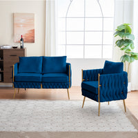 Stylish Handmade Woven Back Upholstered Sofa Set with 1 Accent Chair and 1 Loveseat Sofa, Modern Sofa Set for Living Room And Small Living Spaces , Blue Velvet