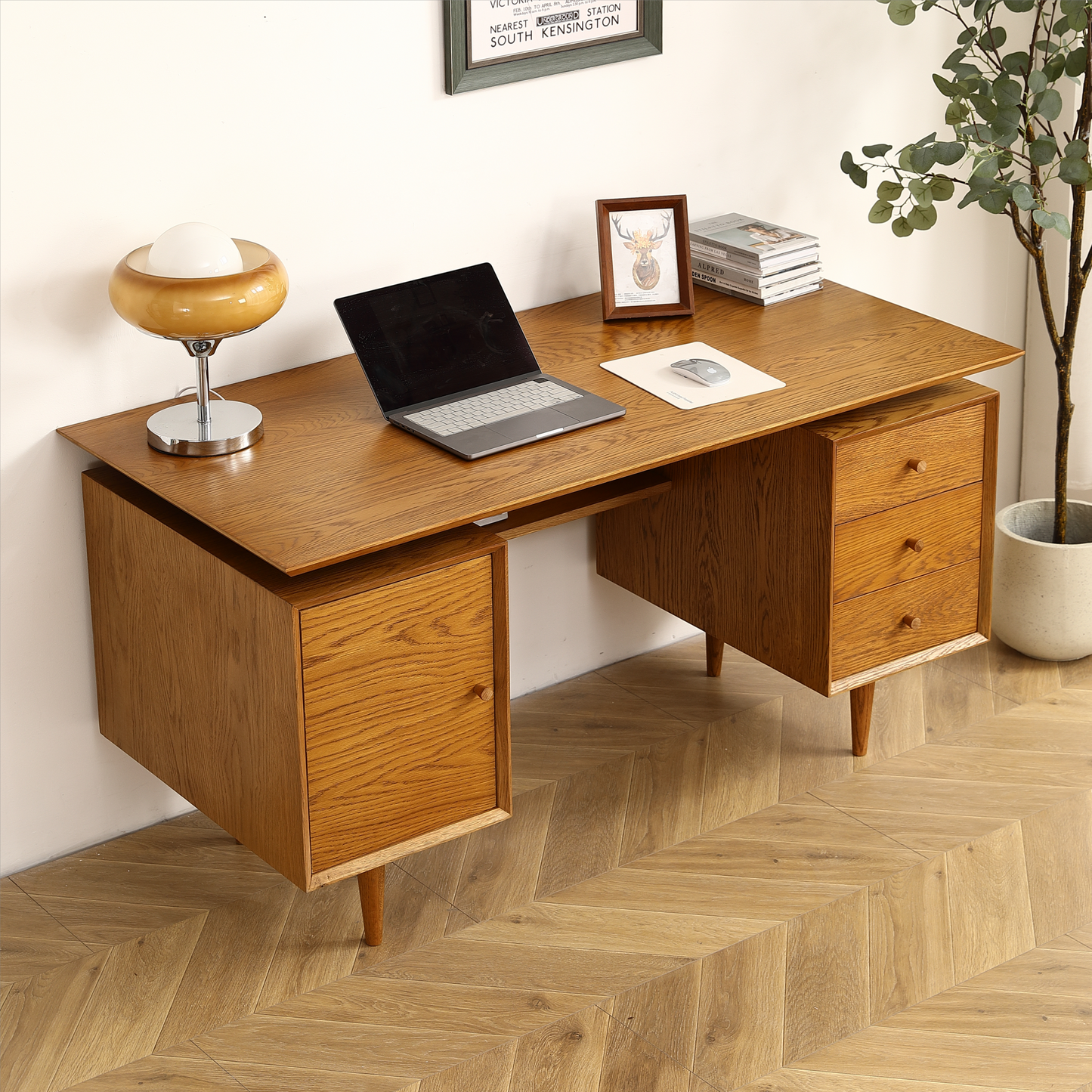 Oak Simple and Elegant Oak Writing Desk - Functional Office Desk with 57.08 Inches of Writing Space