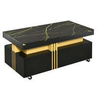 ON-TREND Contemporary Coffee Table with Faux Marble Top, Rectangle Cocktail Table with Caster Wheels, Moderate Luxury Center Table with Gold Metal Bars for Living Room, Black