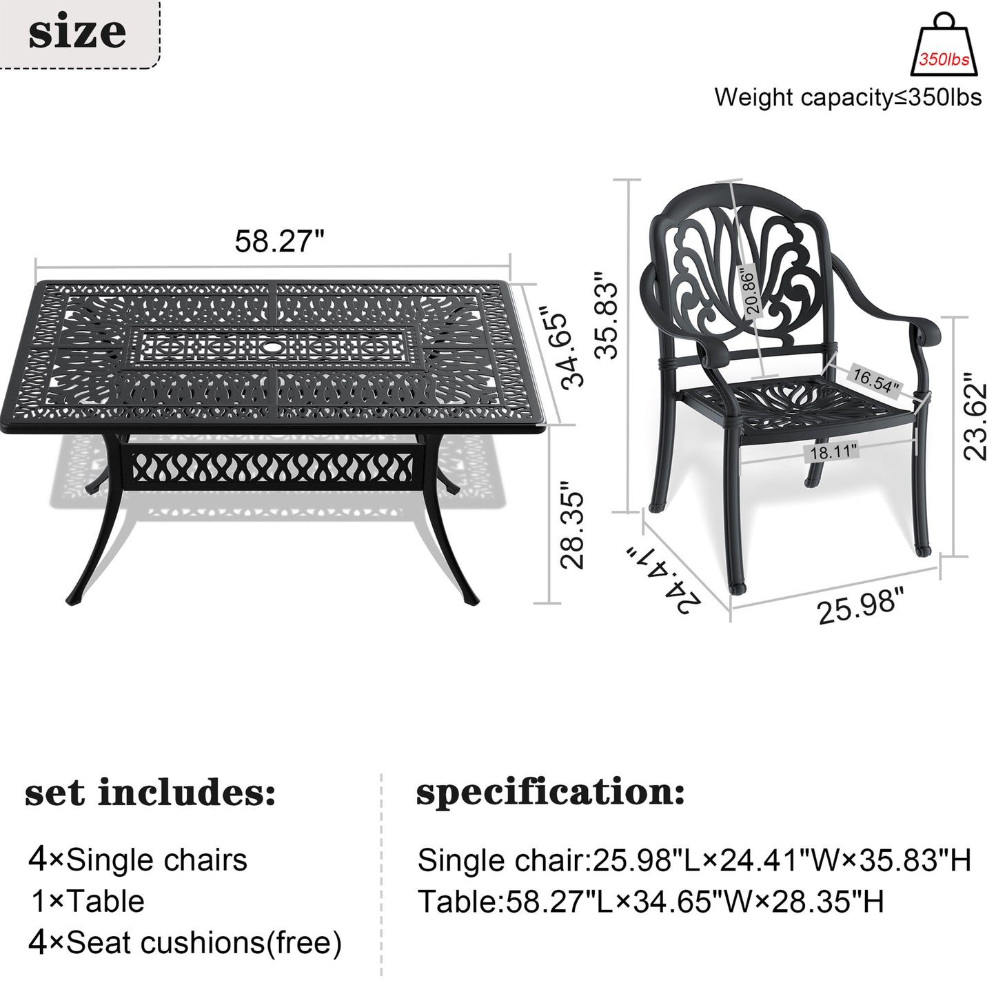 5-Piece Set Of Cast Aluminum Patio Furniture  With Black Frame and  Seat Cushions In Random Colors